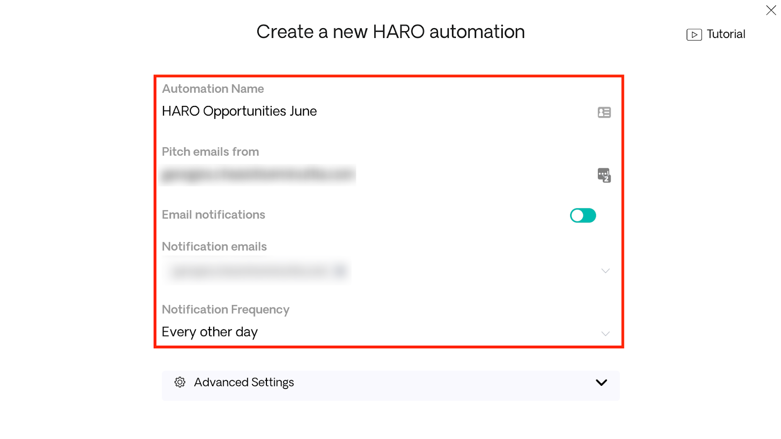 Fill in Settings for New HARO Automation