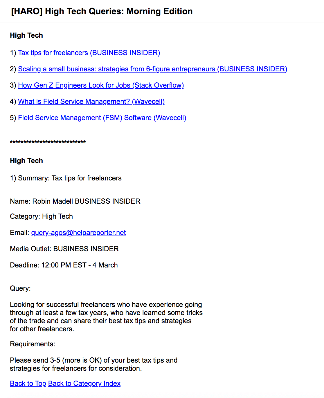 HARO Email 1