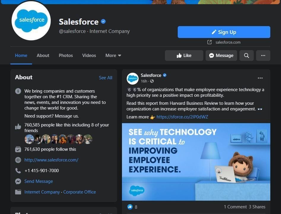 Salesforce's Facebook page